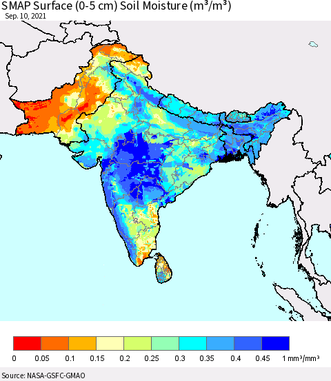 Southern Asia SMAP Surface (0-5 cm) Soil Moisture (m³/m³) Thematic Map For 9/6/2021 - 9/10/2021