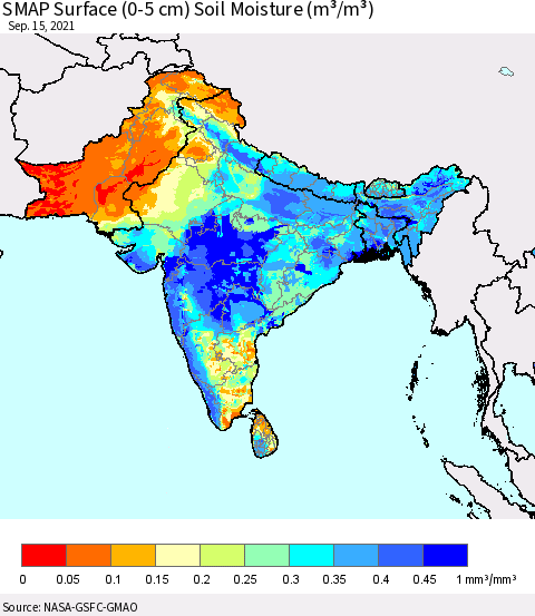 Southern Asia SMAP Surface (0-5 cm) Soil Moisture (m³/m³) Thematic Map For 9/11/2021 - 9/15/2021