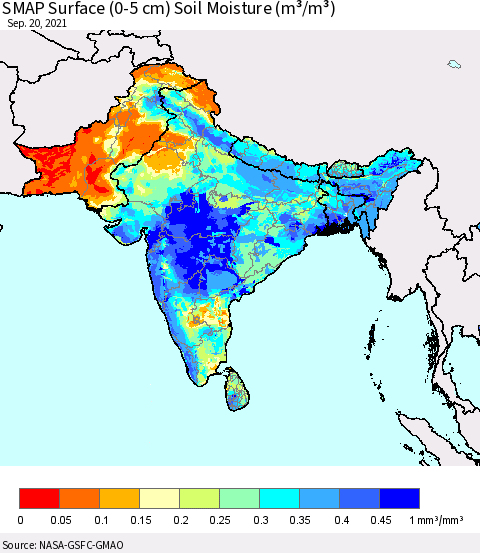 Southern Asia SMAP Surface (0-5 cm) Soil Moisture (m³/m³) Thematic Map For 9/16/2021 - 9/20/2021
