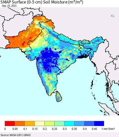 Southern Asia SMAP Surface (0-5 cm) Soil Moisture (m³/m³) Thematic Map For 9/21/2021 - 9/25/2021