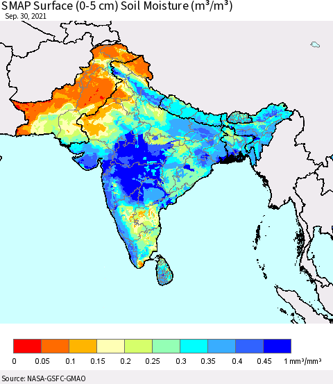 Southern Asia SMAP Surface (0-5 cm) Soil Moisture (m³/m³) Thematic Map For 9/26/2021 - 9/30/2021