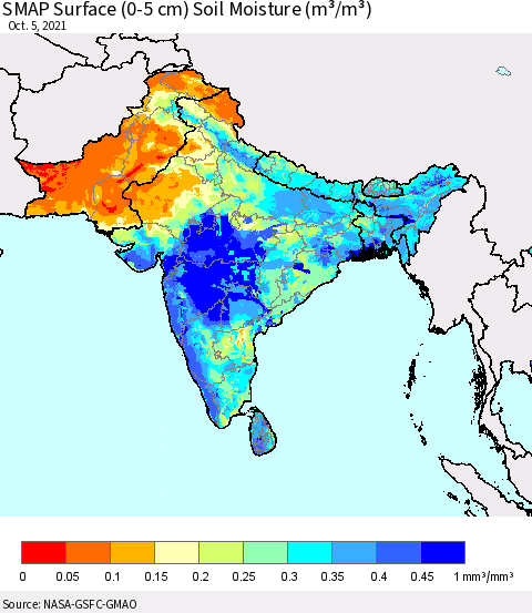 Southern Asia SMAP Surface (0-5 cm) Soil Moisture (m³/m³) Thematic Map For 10/1/2021 - 10/5/2021