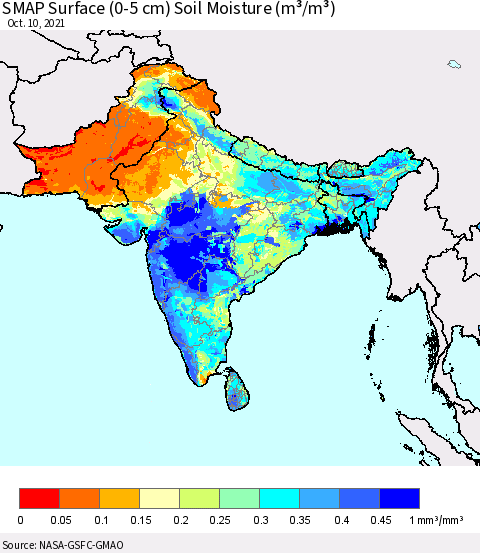Southern Asia SMAP Surface (0-5 cm) Soil Moisture (m³/m³) Thematic Map For 10/6/2021 - 10/10/2021