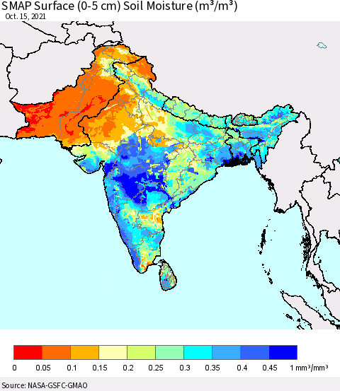 Southern Asia SMAP Surface (0-5 cm) Soil Moisture (m³/m³) Thematic Map For 10/11/2021 - 10/15/2021