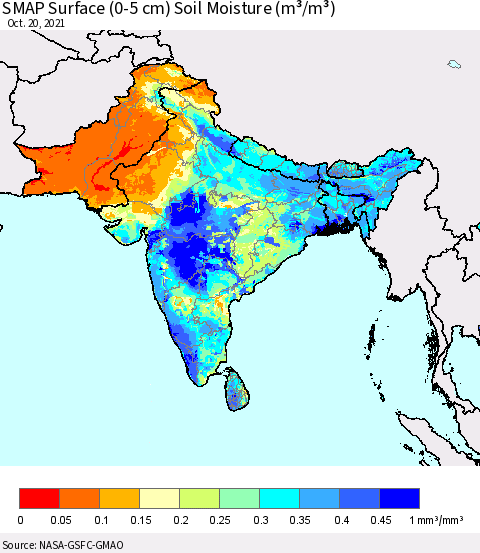 Southern Asia SMAP Surface (0-5 cm) Soil Moisture (m³/m³) Thematic Map For 10/16/2021 - 10/20/2021