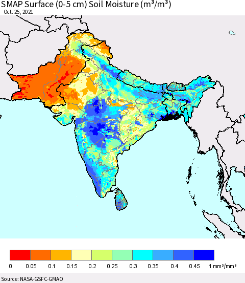 Southern Asia SMAP Surface (0-5 cm) Soil Moisture (m³/m³) Thematic Map For 10/21/2021 - 10/25/2021