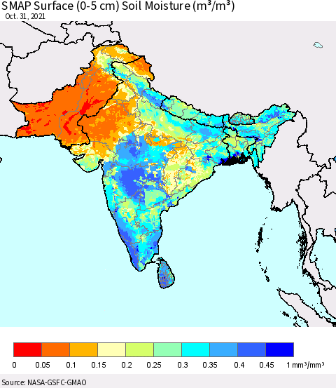 Southern Asia SMAP Surface (0-5 cm) Soil Moisture (m³/m³) Thematic Map For 10/26/2021 - 10/31/2021