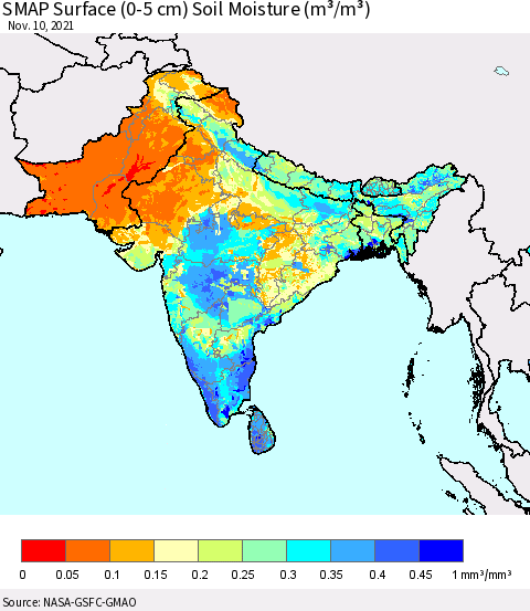 Southern Asia SMAP Surface (0-5 cm) Soil Moisture (m³/m³) Thematic Map For 11/6/2021 - 11/10/2021