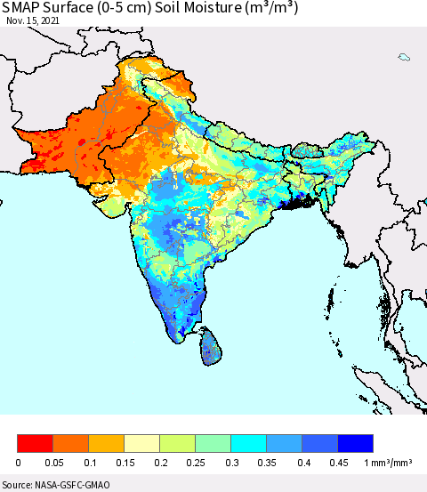 Southern Asia SMAP Surface (0-5 cm) Soil Moisture (m³/m³) Thematic Map For 11/11/2021 - 11/15/2021