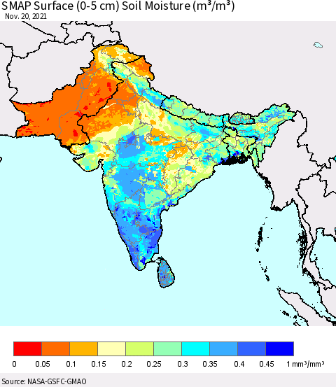 Southern Asia SMAP Surface (0-5 cm) Soil Moisture (m³/m³) Thematic Map For 11/16/2021 - 11/20/2021