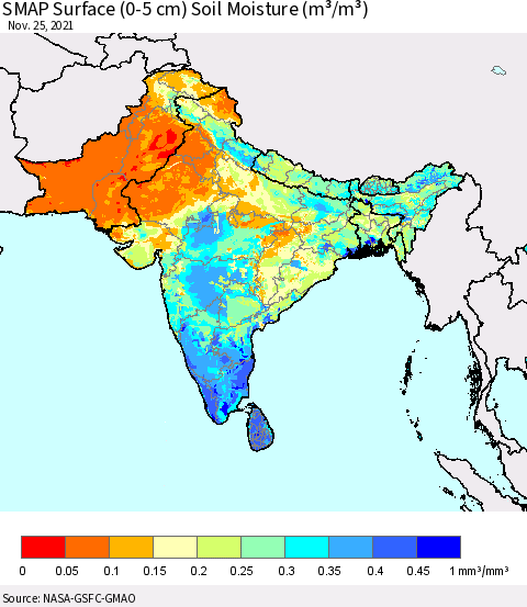 Southern Asia SMAP Surface (0-5 cm) Soil Moisture (m³/m³) Thematic Map For 11/21/2021 - 11/25/2021