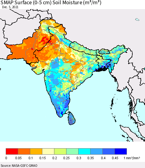 Southern Asia SMAP Surface (0-5 cm) Soil Moisture (m³/m³) Thematic Map For 12/1/2021 - 12/5/2021