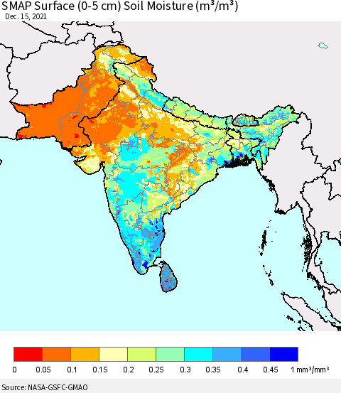 Southern Asia SMAP Surface (0-5 cm) Soil Moisture (m³/m³) Thematic Map For 12/11/2021 - 12/15/2021