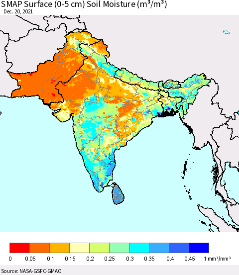 Southern Asia SMAP Surface (0-5 cm) Soil Moisture (m³/m³) Thematic Map For 12/16/2021 - 12/20/2021