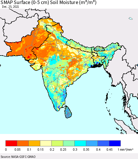 Southern Asia SMAP Surface (0-5 cm) Soil Moisture (m³/m³) Thematic Map For 12/21/2021 - 12/25/2021