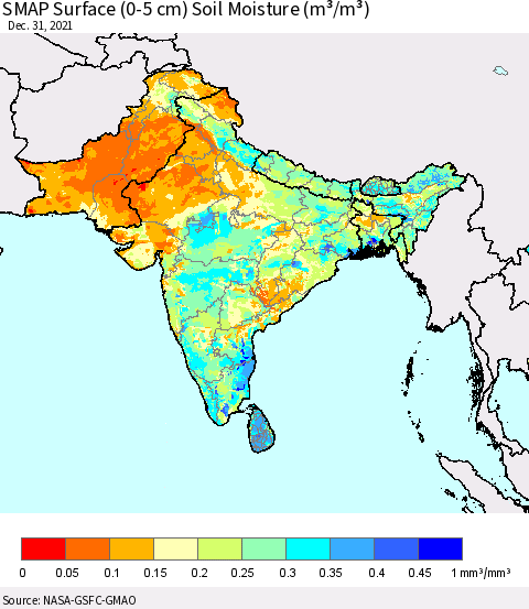 Southern Asia SMAP Surface (0-5 cm) Soil Moisture (m³/m³) Thematic Map For 12/26/2021 - 12/31/2021