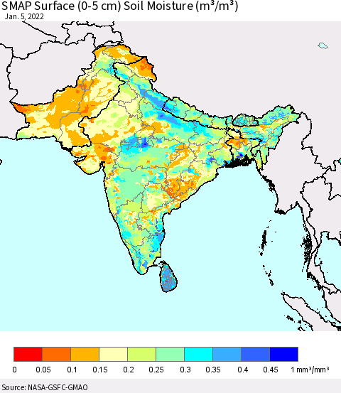Southern Asia SMAP Surface (0-5 cm) Soil Moisture (m³/m³) Thematic Map For 1/1/2022 - 1/5/2022