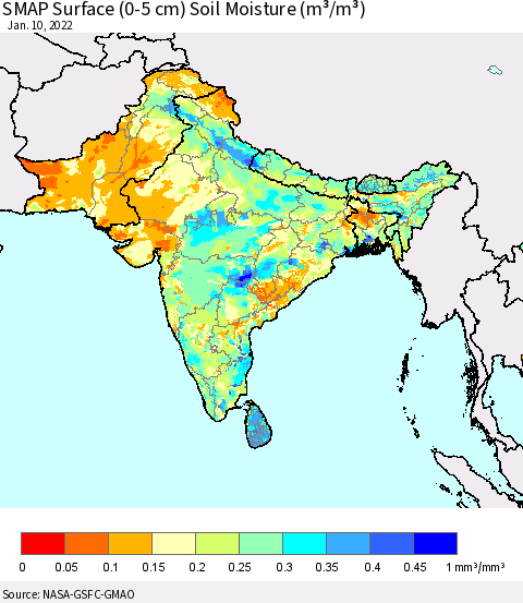Southern Asia SMAP Surface (0-5 cm) Soil Moisture (m³/m³) Thematic Map For 1/6/2022 - 1/10/2022