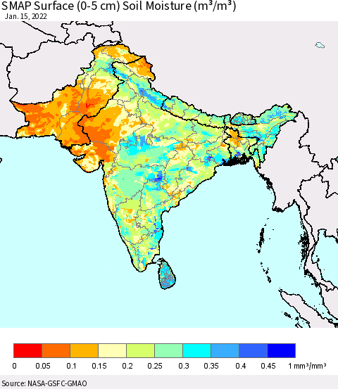 Southern Asia SMAP Surface (0-5 cm) Soil Moisture (m³/m³) Thematic Map For 1/11/2022 - 1/15/2022
