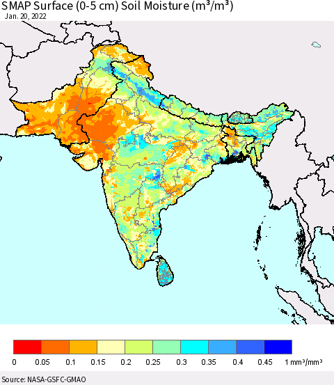 Southern Asia SMAP Surface (0-5 cm) Soil Moisture (m³/m³) Thematic Map For 1/16/2022 - 1/20/2022