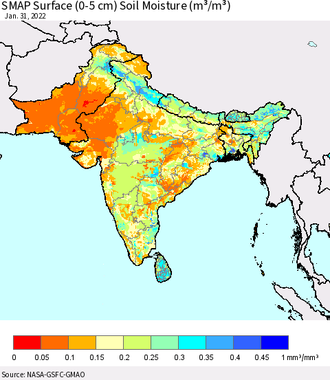 Southern Asia SMAP Surface (0-5 cm) Soil Moisture (m³/m³) Thematic Map For 1/26/2022 - 1/31/2022