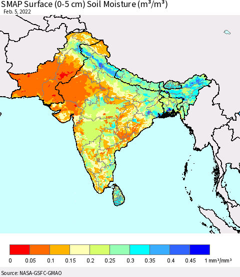 Southern Asia SMAP Surface (0-5 cm) Soil Moisture (m³/m³) Thematic Map For 2/1/2022 - 2/5/2022