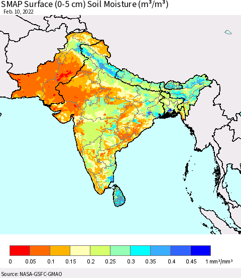 Southern Asia SMAP Surface (0-5 cm) Soil Moisture (m³/m³) Thematic Map For 2/6/2022 - 2/10/2022
