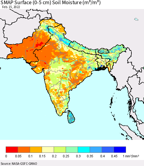 Southern Asia SMAP Surface (0-5 cm) Soil Moisture (m³/m³) Thematic Map For 2/11/2022 - 2/15/2022