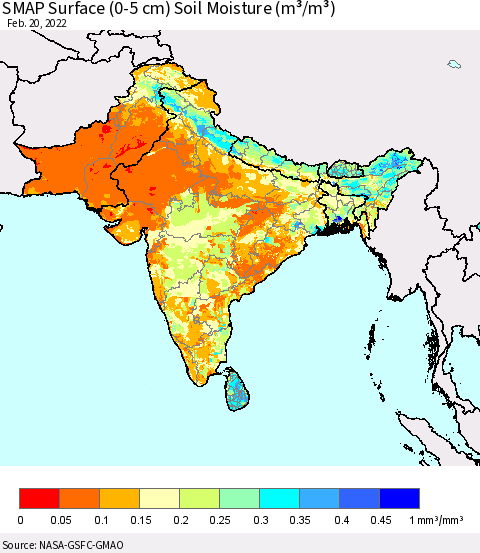 Southern Asia SMAP Surface (0-5 cm) Soil Moisture (m³/m³) Thematic Map For 2/16/2022 - 2/20/2022