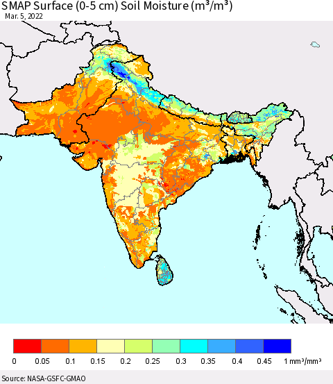 Southern Asia SMAP Surface (0-5 cm) Soil Moisture (m³/m³) Thematic Map For 3/1/2022 - 3/5/2022