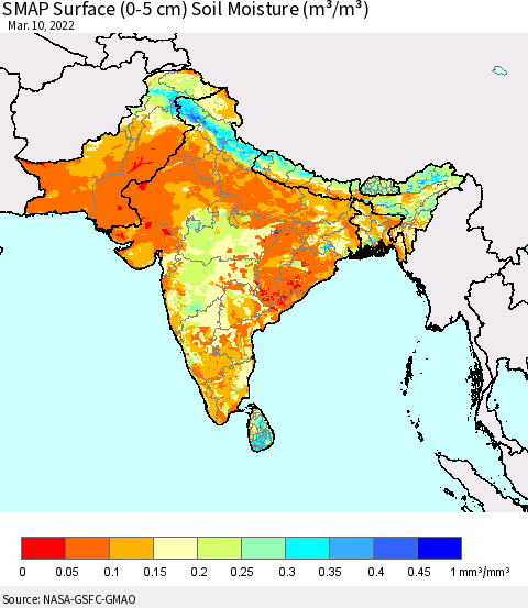 Southern Asia SMAP Surface (0-5 cm) Soil Moisture (m³/m³) Thematic Map For 3/6/2022 - 3/10/2022