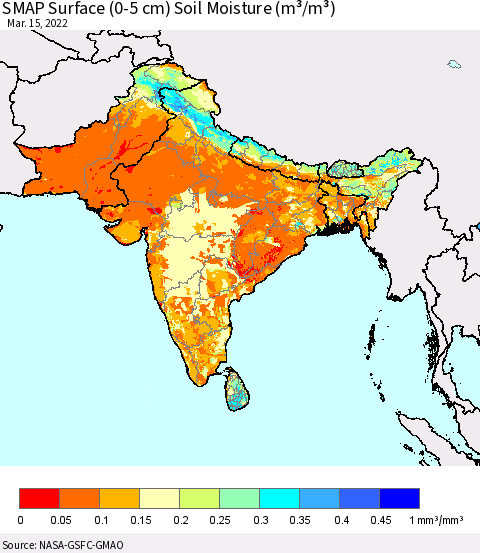 Southern Asia SMAP Surface (0-5 cm) Soil Moisture (m³/m³) Thematic Map For 3/11/2022 - 3/15/2022