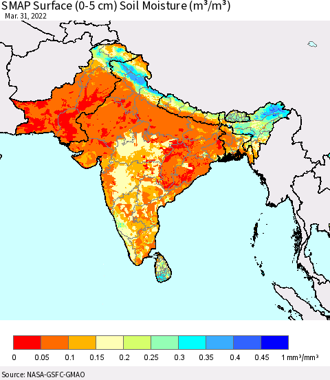 Southern Asia SMAP Surface (0-5 cm) Soil Moisture (m³/m³) Thematic Map For 3/26/2022 - 3/31/2022