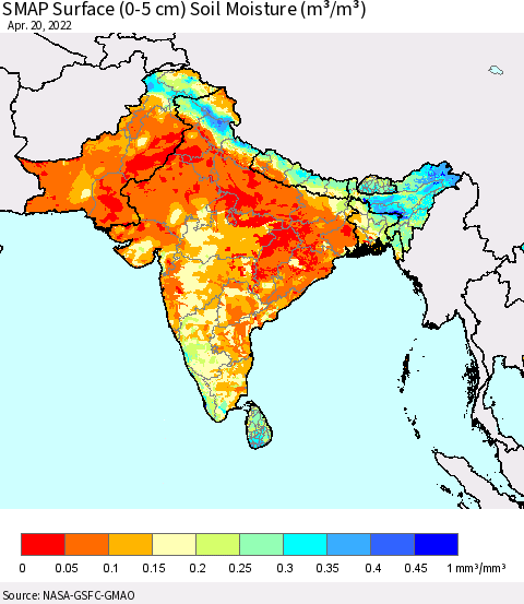 Southern Asia SMAP Surface (0-5 cm) Soil Moisture (m³/m³) Thematic Map For 4/16/2022 - 4/20/2022