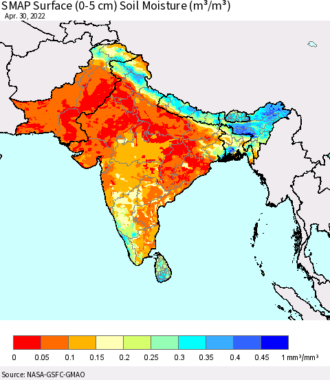 Southern Asia SMAP Surface (0-5 cm) Soil Moisture (m³/m³) Thematic Map For 4/26/2022 - 4/30/2022