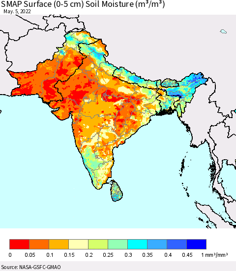Southern Asia SMAP Surface (0-5 cm) Soil Moisture (m³/m³) Thematic Map For 5/1/2022 - 5/5/2022