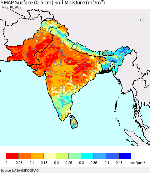 Southern Asia SMAP Surface (0-5 cm) Soil Moisture (m³/m³) Thematic Map For 5/6/2022 - 5/10/2022
