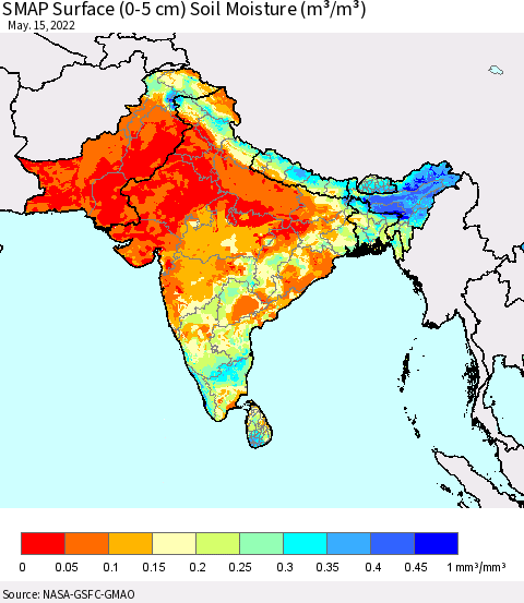 Southern Asia SMAP Surface (0-5 cm) Soil Moisture (m³/m³) Thematic Map For 5/11/2022 - 5/15/2022
