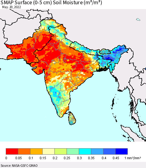 Southern Asia SMAP Surface (0-5 cm) Soil Moisture (m³/m³) Thematic Map For 5/16/2022 - 5/20/2022