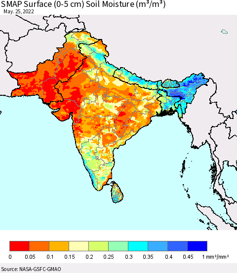 Southern Asia SMAP Surface (0-5 cm) Soil Moisture (m³/m³) Thematic Map For 5/21/2022 - 5/25/2022