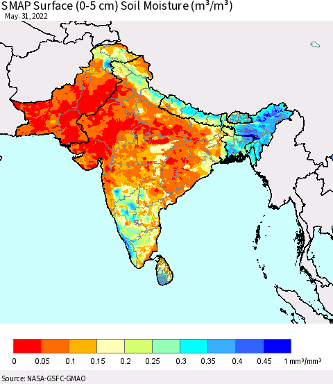 Southern Asia SMAP Surface (0-5 cm) Soil Moisture (m³/m³) Thematic Map For 5/26/2022 - 5/31/2022