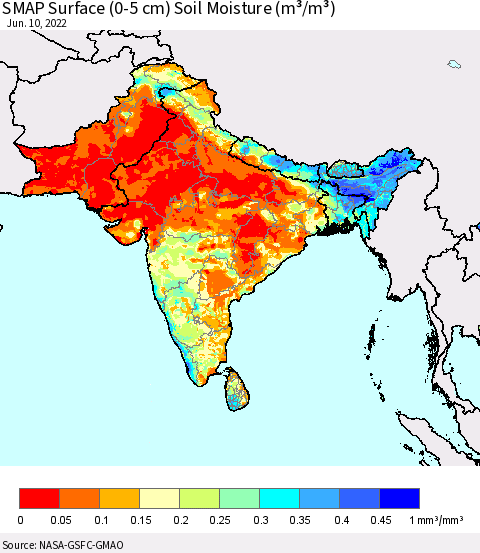 Southern Asia SMAP Surface (0-5 cm) Soil Moisture (m³/m³) Thematic Map For 6/6/2022 - 6/10/2022
