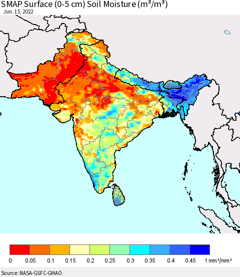 Southern Asia SMAP Surface (0-5 cm) Soil Moisture (m³/m³) Thematic Map For 6/11/2022 - 6/15/2022