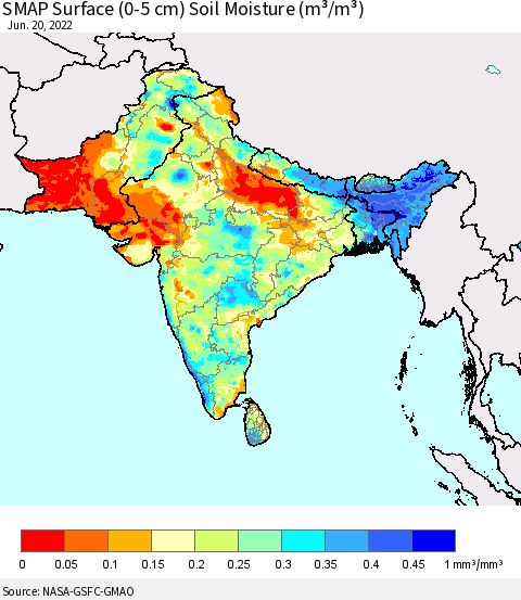 Southern Asia SMAP Surface (0-5 cm) Soil Moisture (m³/m³) Thematic Map For 6/16/2022 - 6/20/2022