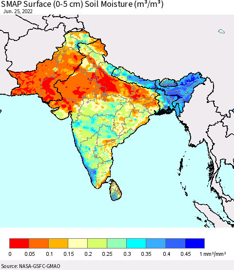 Southern Asia SMAP Surface (0-5 cm) Soil Moisture (m³/m³) Thematic Map For 6/21/2022 - 6/25/2022