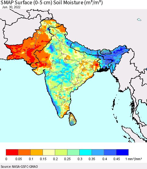 Southern Asia SMAP Surface (0-5 cm) Soil Moisture (m³/m³) Thematic Map For 6/26/2022 - 6/30/2022