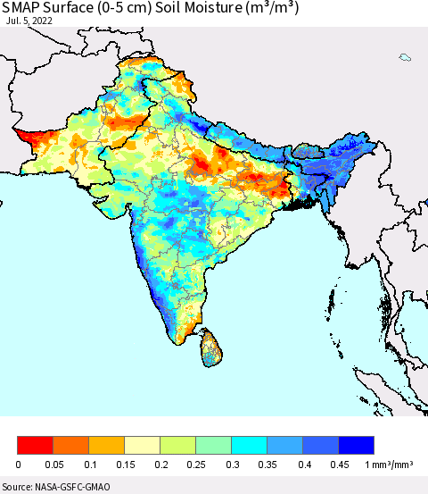 Southern Asia SMAP Surface (0-5 cm) Soil Moisture (m³/m³) Thematic Map For 7/1/2022 - 7/5/2022
