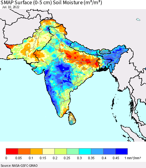 Southern Asia SMAP Surface (0-5 cm) Soil Moisture (m³/m³) Thematic Map For 7/6/2022 - 7/10/2022