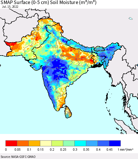 Southern Asia SMAP Surface (0-5 cm) Soil Moisture (m³/m³) Thematic Map For 7/11/2022 - 7/15/2022