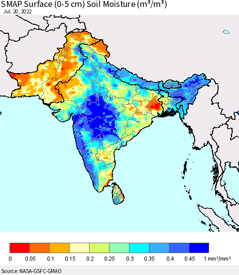 Southern Asia SMAP Surface (0-5 cm) Soil Moisture (m³/m³) Thematic Map For 7/16/2022 - 7/20/2022